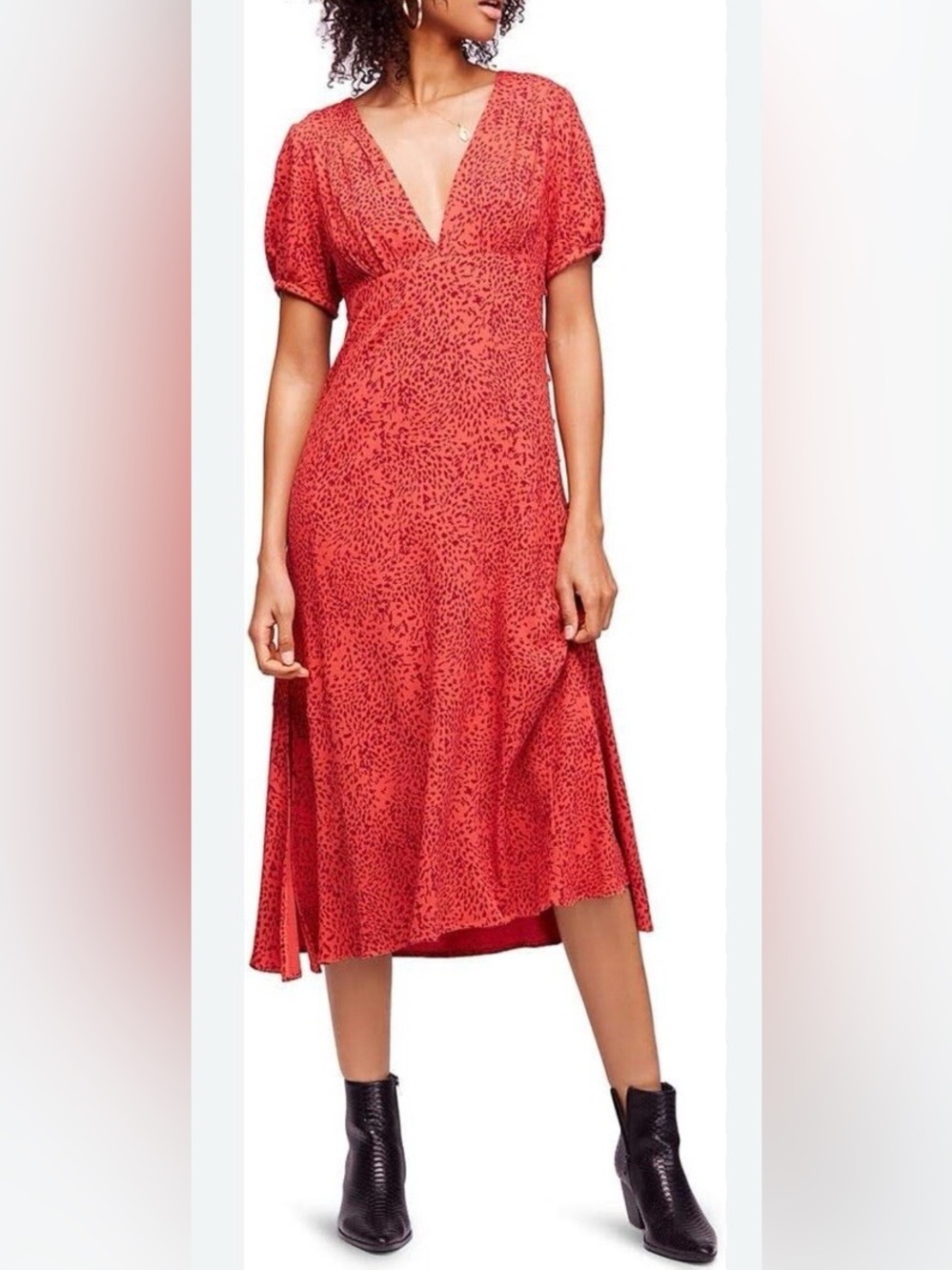 Free People Looking for Love Printed MIDI Dress Flame Combo V-Neck Size 2